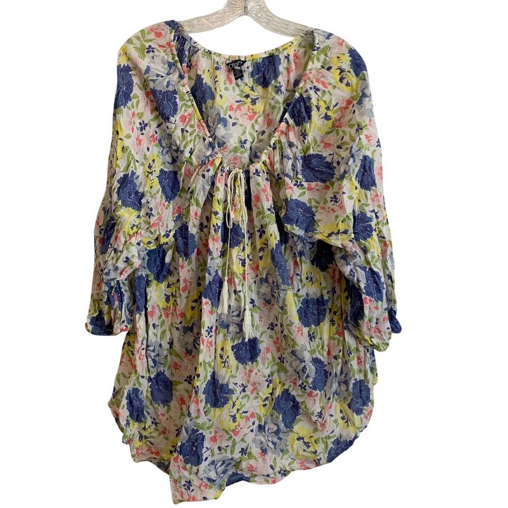 Chaps Womens 2X Floral Peasant Blouse Top Blue Roses Gauze Cotton Flower 1/2 Slv